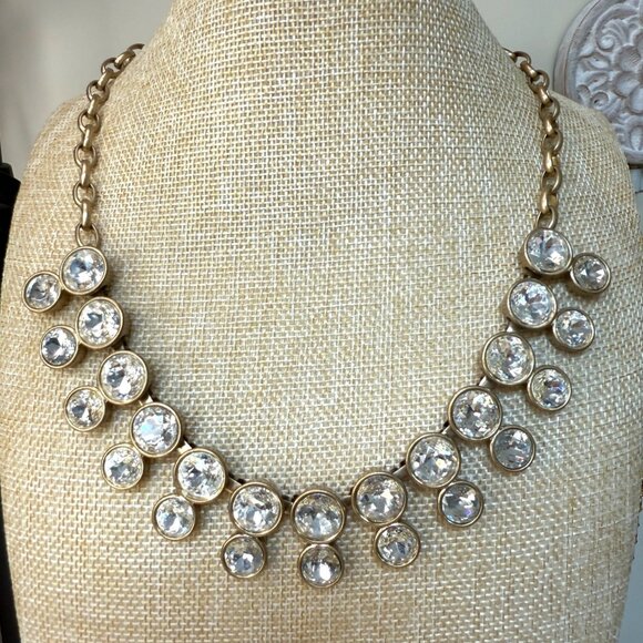 J. Crew Gold-Tone Statement Bib Necklace With Clear Crystal Accents Adjustable - Picture 1 of 11